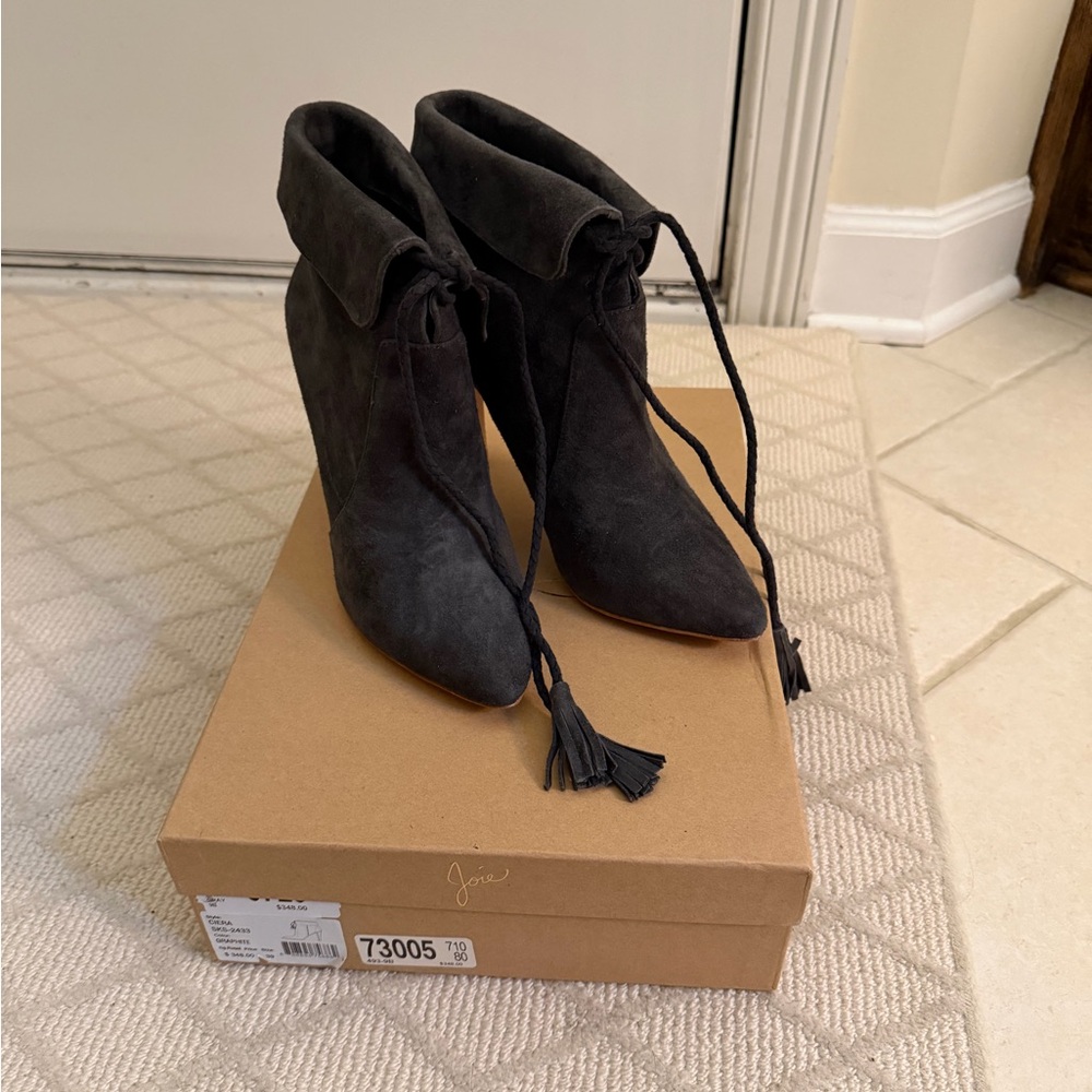 Joie Black Suede Pointed Tassel Ankle Boots